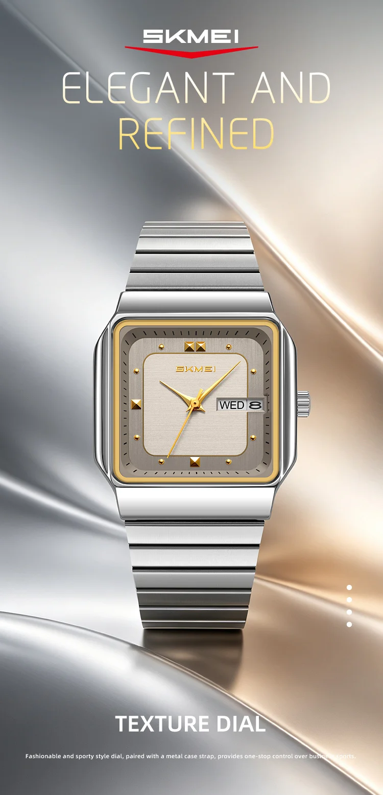 SKMEI 9414 Simple Square Dial Calendar Week Stainless Steel Strap Quartz Watch Men's Waterproof Business Mens Watch Reloj Hombre