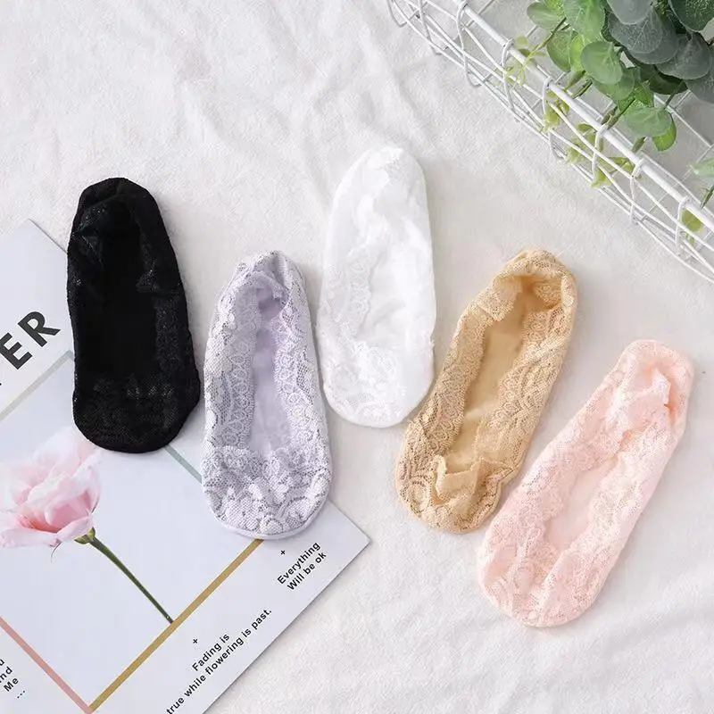 5 pares de calcetines de verano a la moda para mujeres y niñas, calcetines cortos de encaje con flores, calcetines tobilleros invisibles antideslizantes, nuevos