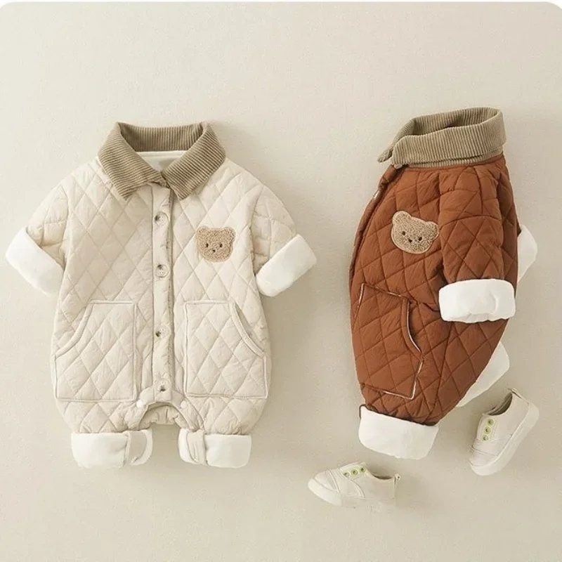 

Newborn Winter Quilted Romper Cartoon Bear Turndown Collar Thickened Warm Baby Jumpsuit Unisex 0-2Y Toddler Outdoor Outfit