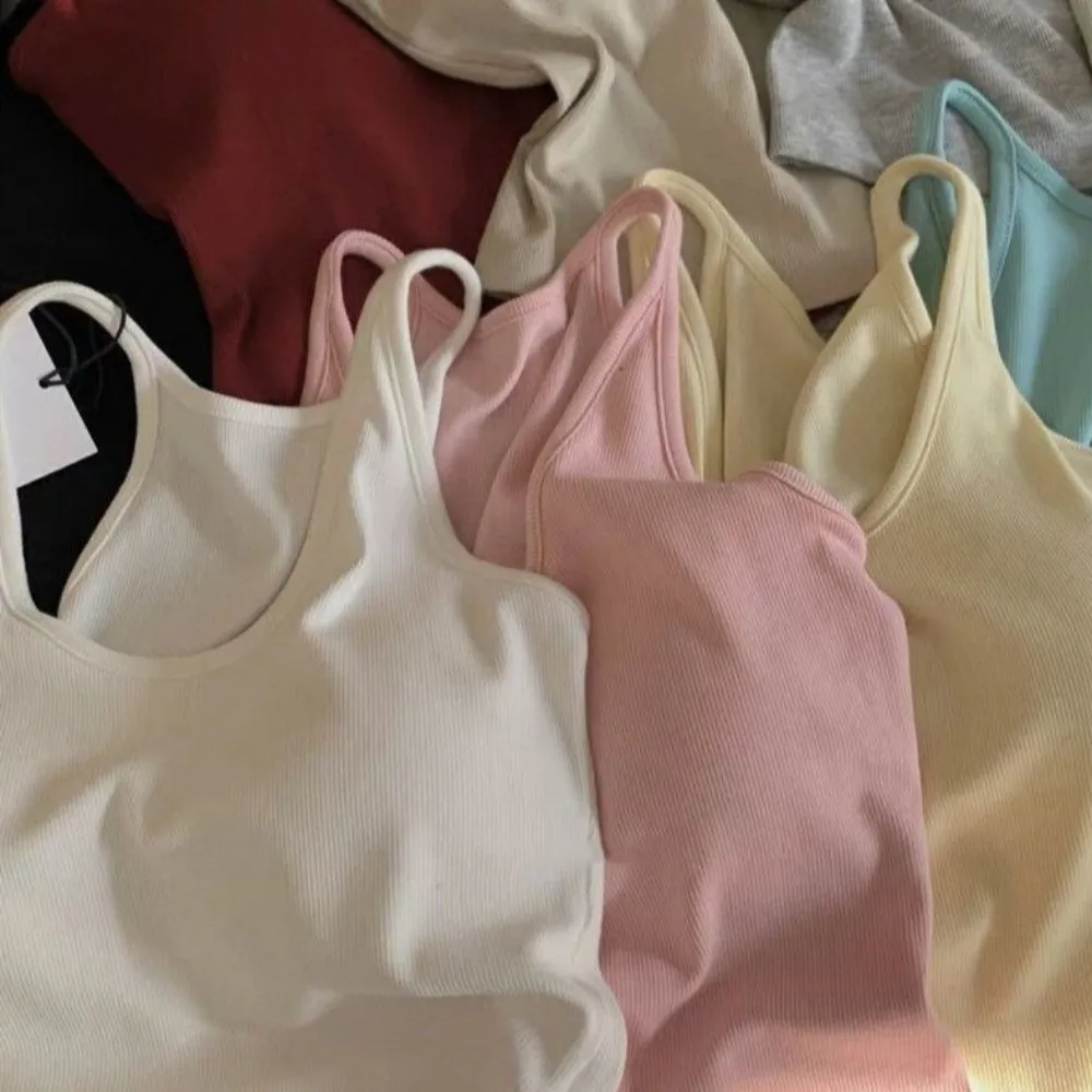 Korean Style with Chest Pad Strap Vest Solid Color Slimming Backless Sleeveless Top U-Neck Crop Top Summer
