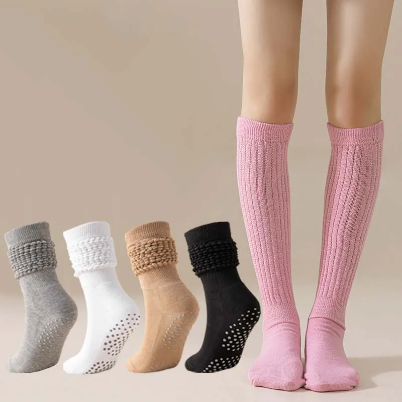 

Long Grip Pilates Socks for Women Yoga Slouch Socks with Grip for Barre Workout Hospital Scrunch Slipper Socks New