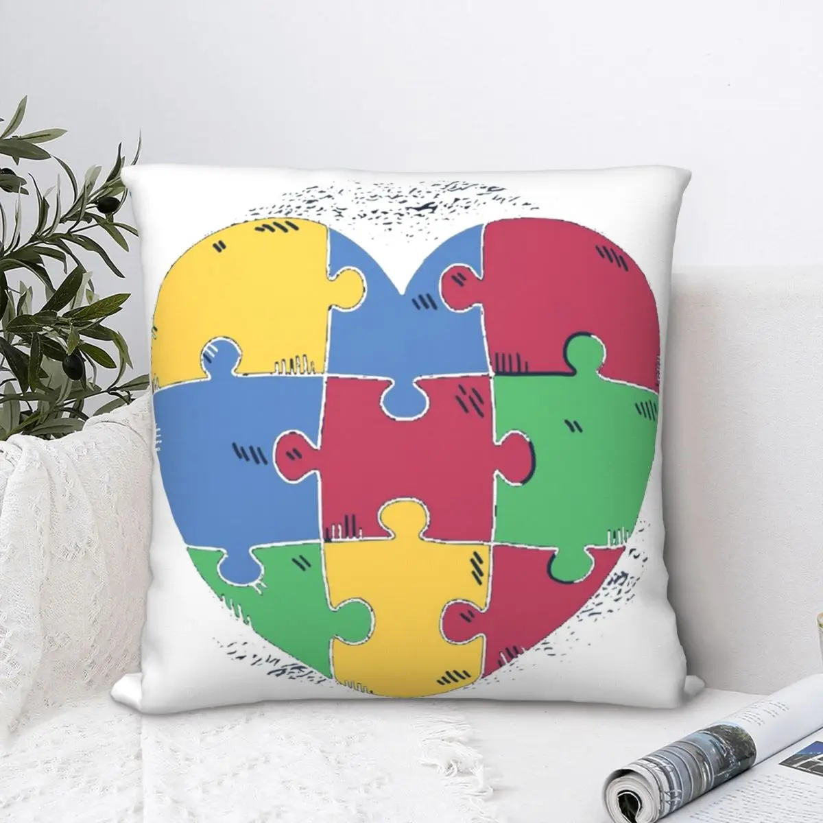 

Autism Awareness Support Heart Puzzle Square Pillowcase Polyester Pillow Cover Velvet Cushion Decorative Comfort Throw Pillow