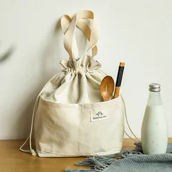 Drawstring Canvas Insulated Lunch Bag Thicken Thermal Bento Box Bag Portable Cooler Handbag Outdoor Picnic Food Dinner Container