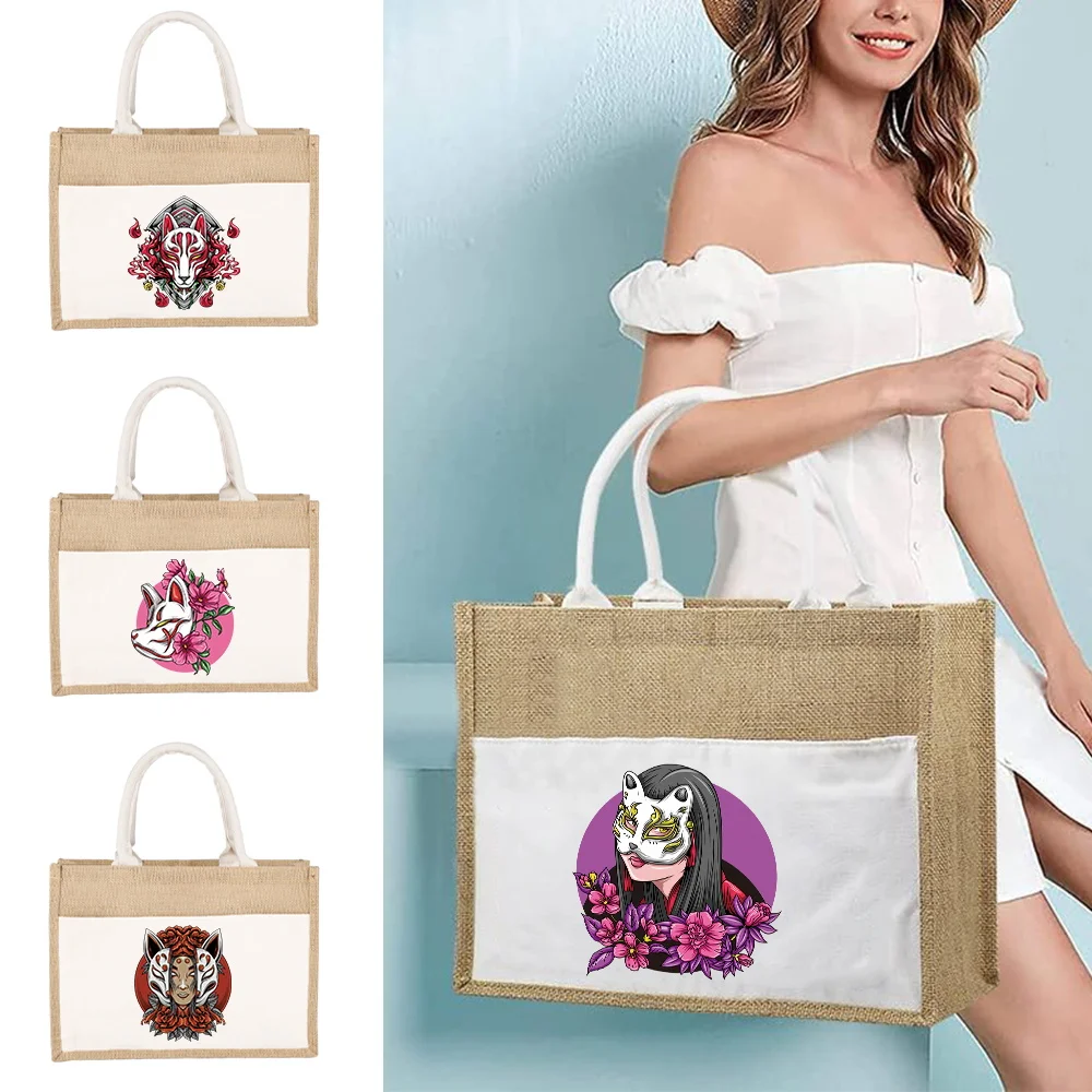 Jute Handbag Linen Shoulder Sacks Jute Imitation Sacks Linen Bags Women Shopping Bags Tote Laminated Bags Japanese Ukiyoe Styl