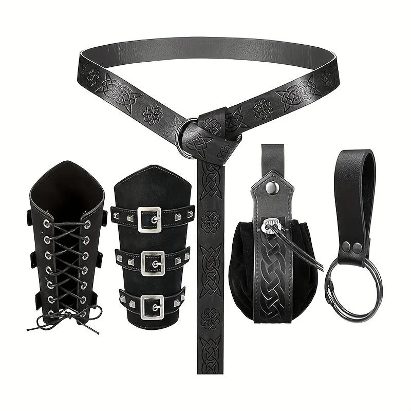 Zestaw akcesoriów retro ze skóry tłoczonej: pasek, torba, akcesoria do kostiumów LARP na Halloween, renesansowe rekwizyty do występów i cosplayu.