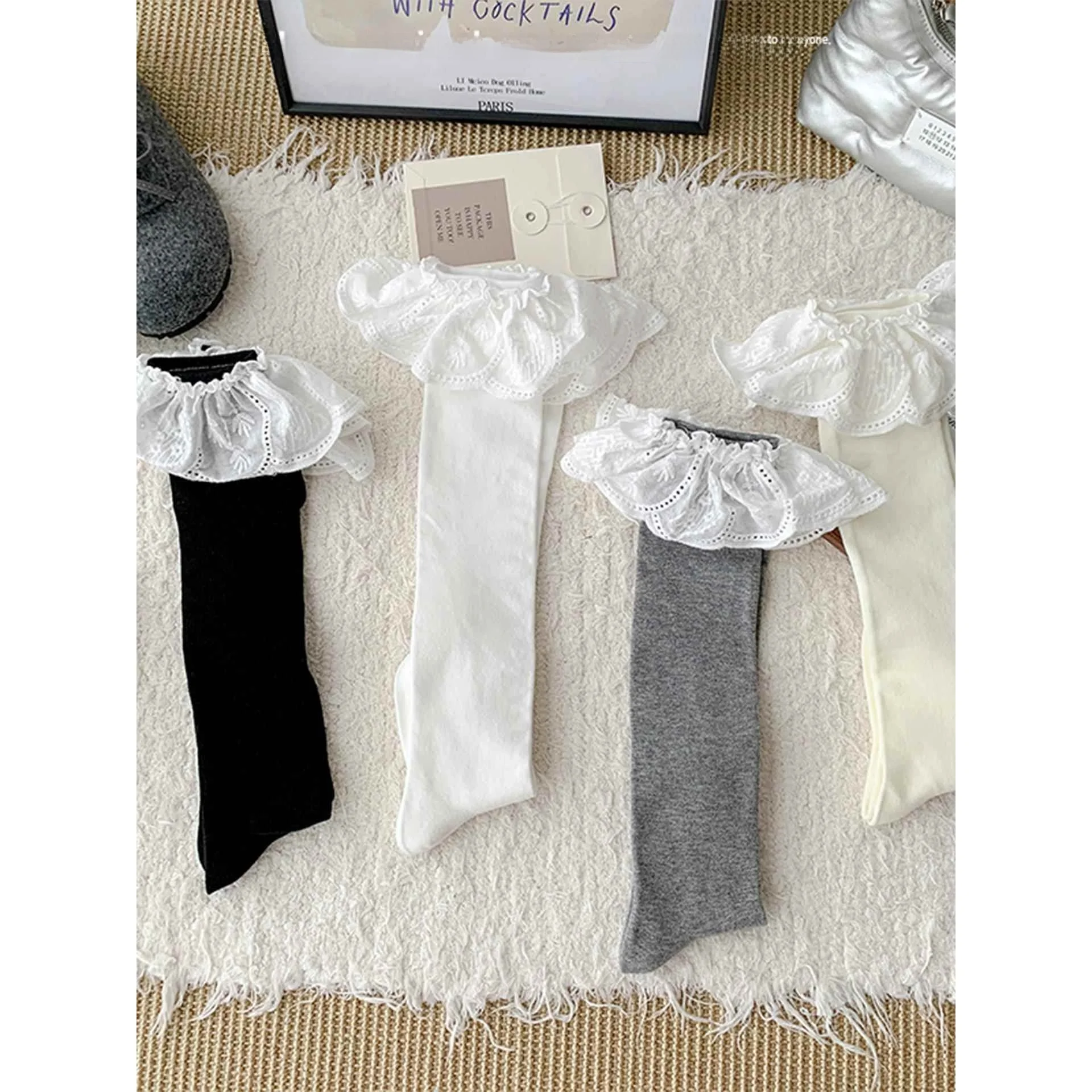 Lolita Lace Trim Long Tube Socks Women's Spring Autumn Style Ballet Style Knee High Socks Sweet Jk Socks Leg Shaping Beauty
