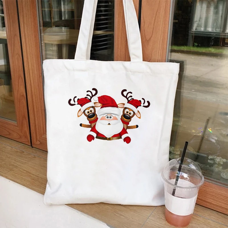 Santa Claus Print Handbag Women Casual Canvas Portable Shoulder Bag Teen Christmas Squad Shopping Reusable Storage Tote Bag