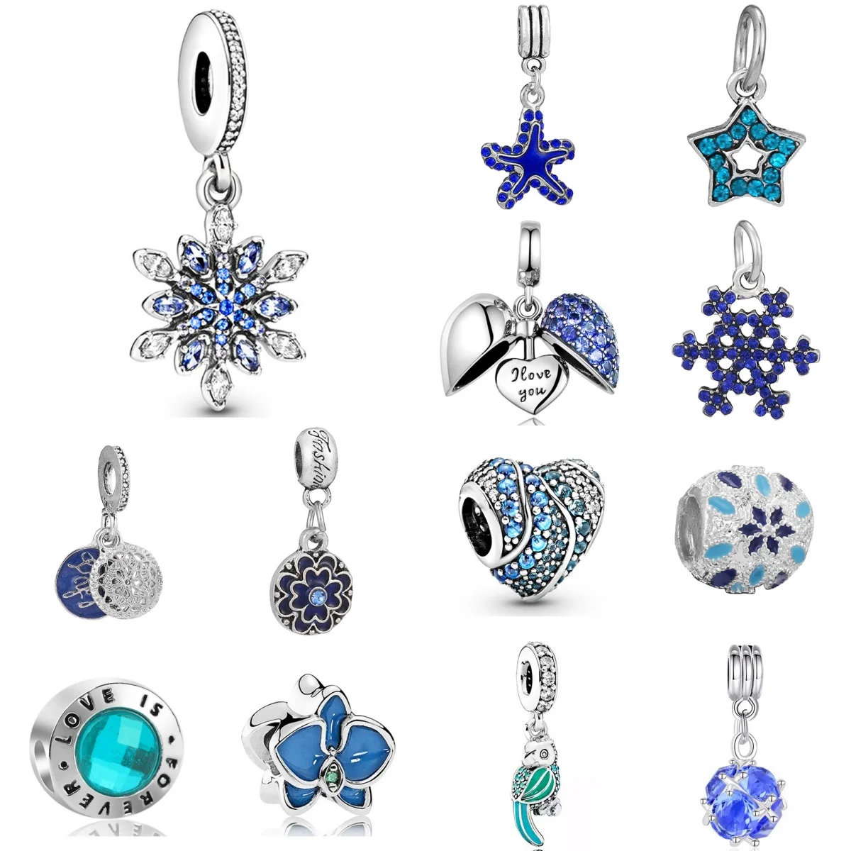 New Classic Blue Silver Plated Pendants Diamond Charm Beads For Women DIY Bracelet Necklace Jewelry Accessories Festival Gifts