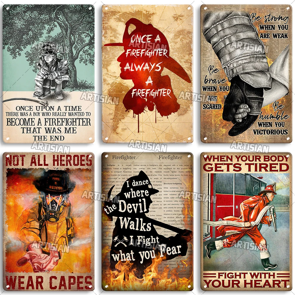 ARTISIAN Rusty Firefighter Decorative Plate Vintage Metal Tin Sign Man Cave Cafe Studio Wall Decor Sign Classic Metal Plaque