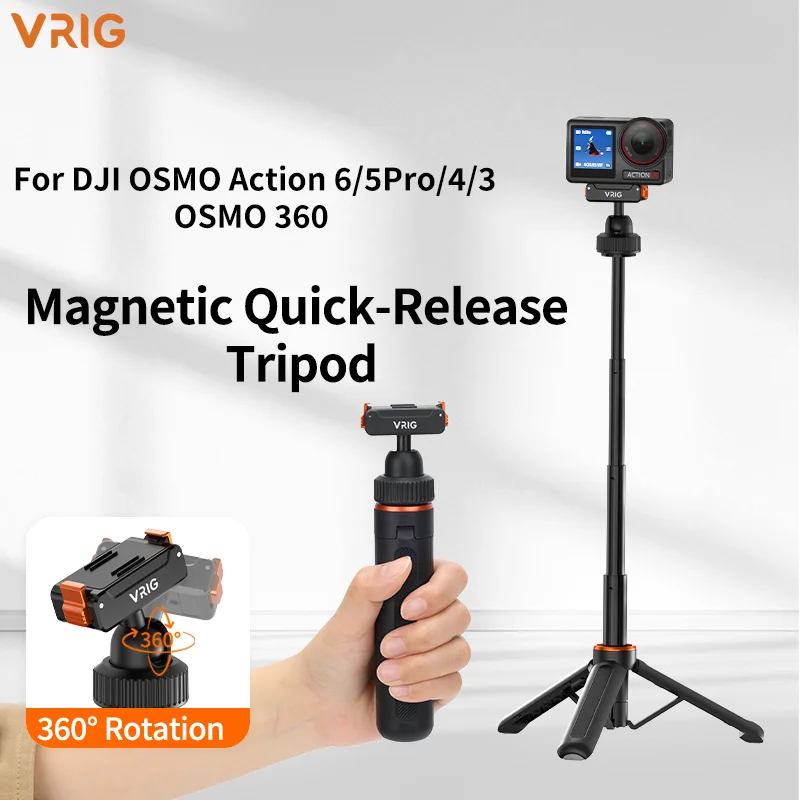 VRIG  AC-79 Selfie Stick Tripod Magnetic Mount 360 Degree Aluminum Extendable DJI Action 6 3 4 5 Pro Osmo 360 Nano Vlog Portable