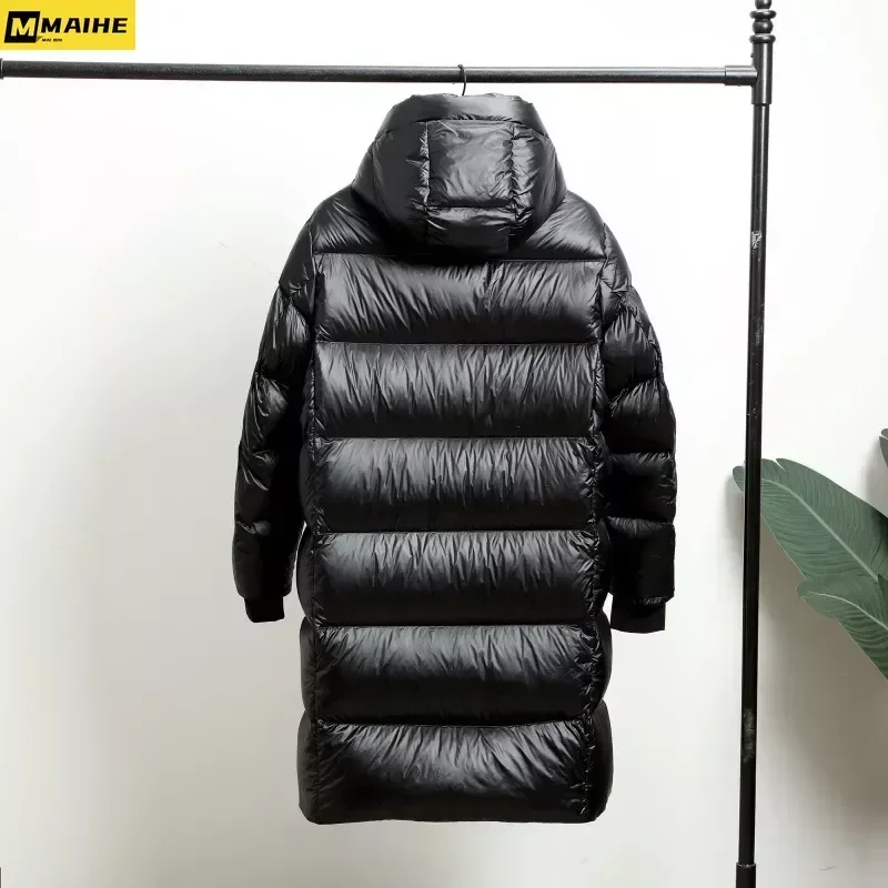Casaco longo à prova de frio masculino, 90% jaqueta Goose Down, casaco com capuz quente, unissex, leve, luxo, preto, dourado,-30 ℃, inverno