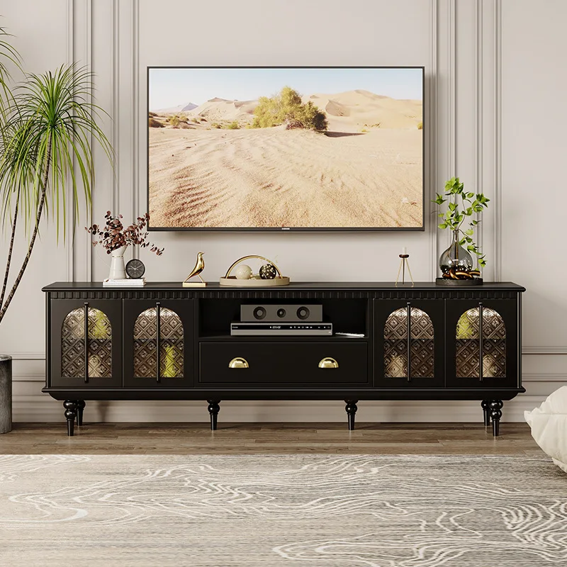 

French retro solid wood TV cabinet home living room wall glass with sensor light black art light luxury audio-visual cabinet