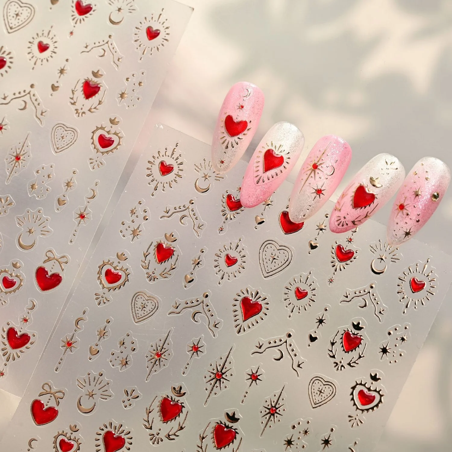 

Retro Romantic 5D Nail Decals Red Love Heart Gold Lines Moon Star Crown Pentagram Embossed Self-Adhesive Nail Stickers Manicure