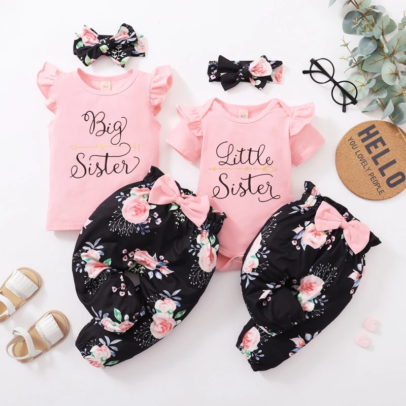 

2Pcs Autumn New Baby Girl Outfit Children Clothes Sets Short Sleeve Letter Print Sweatshirt Tops Floral Pants Toddler Kids Suits