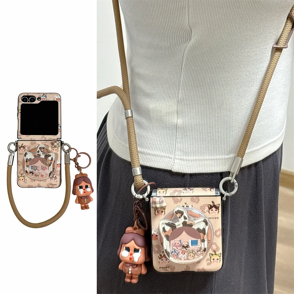 

Stylish leather leopard print cartoon Crying Girl With Magsafe Stand phone case for Samsung Galaxy Z Fflip 7 Flip6 flip 5 cover