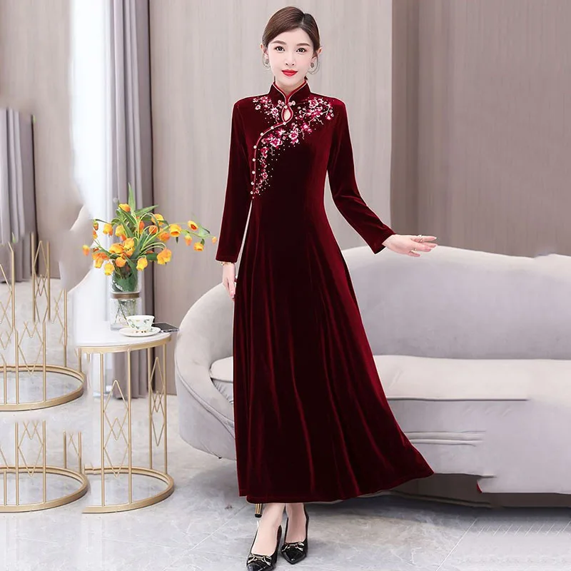 

Spring Autumn Long High End Gold Velvet Cheongsam Embroidered Dress Women Dress Noble Female Velour Party Evening Dress Vestidos