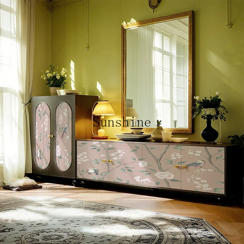 

French antique flower and bird TV cabinet household solid wood storage living room entrance storage cabinet