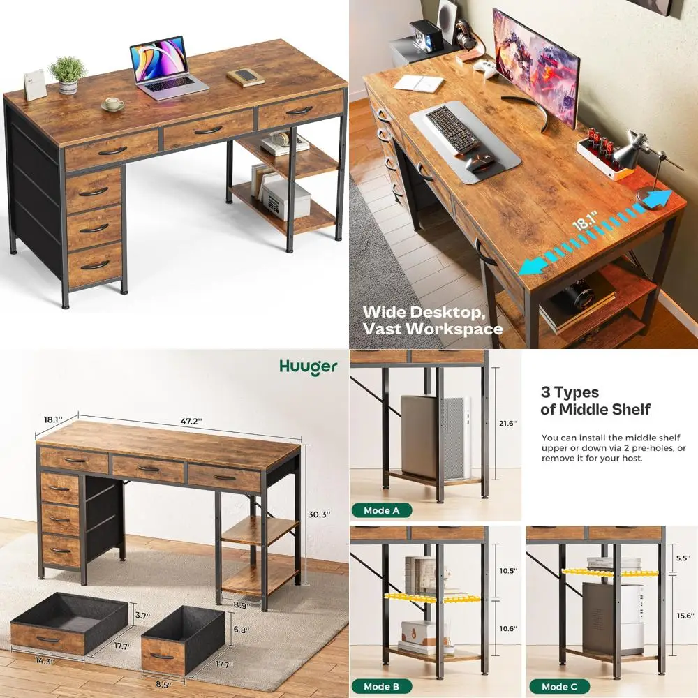 

Двусторонний игровой и офисный стол с 6 ящиками, 47-дюймовый угловой стол для хранения с полками