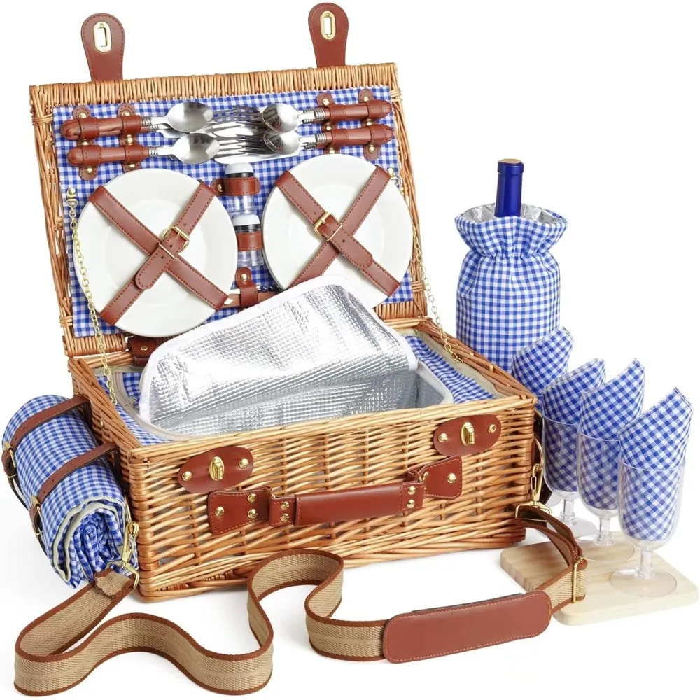 

Wicker Picnic Basket Set for 4 Person with Cooler Compartment and Waterproof Picnic Blanket