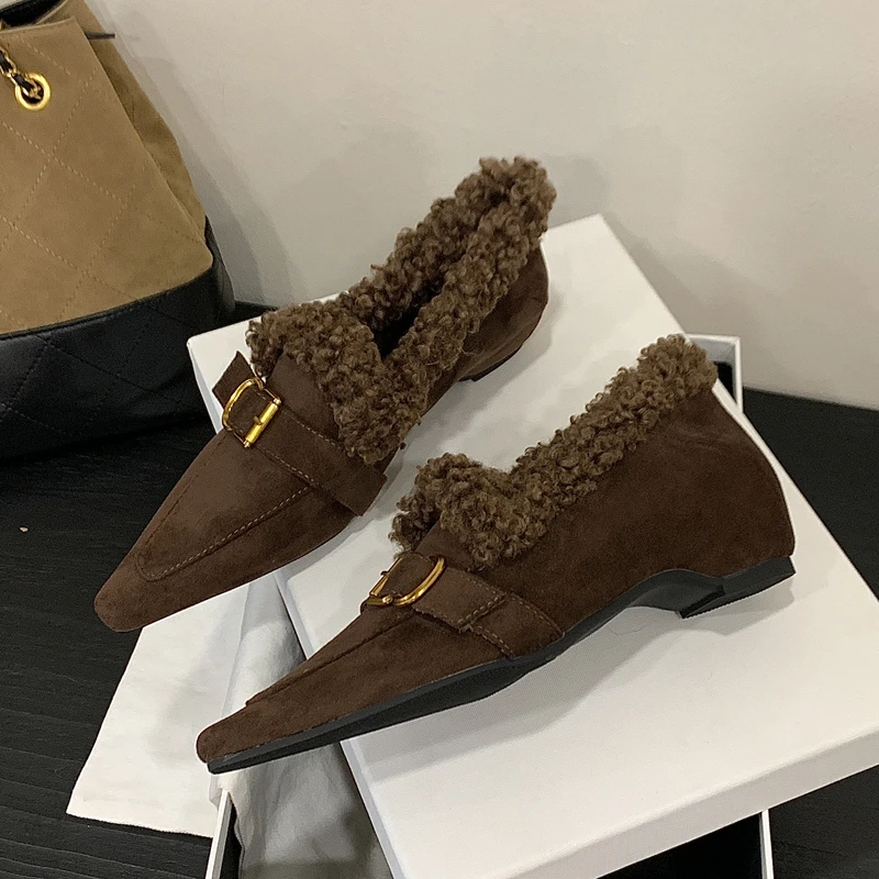

SUOJIALUN 2025 Winter New Brand Women Furry Flat Shoes Square Toe Slip On Ladies Elegant Warm Plush Ladies Elegant Single Shoes
