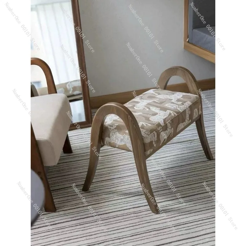 Elegant Horse Embroidery Shoe Changing Bench Solid Wood Multipurpose End of Bed Seat Entryway Footstool Hallway Ottoman Study