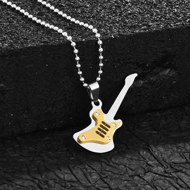 

New fashionable electric guitar men's titanium steel pendant, street personality rock men's and women's necklace