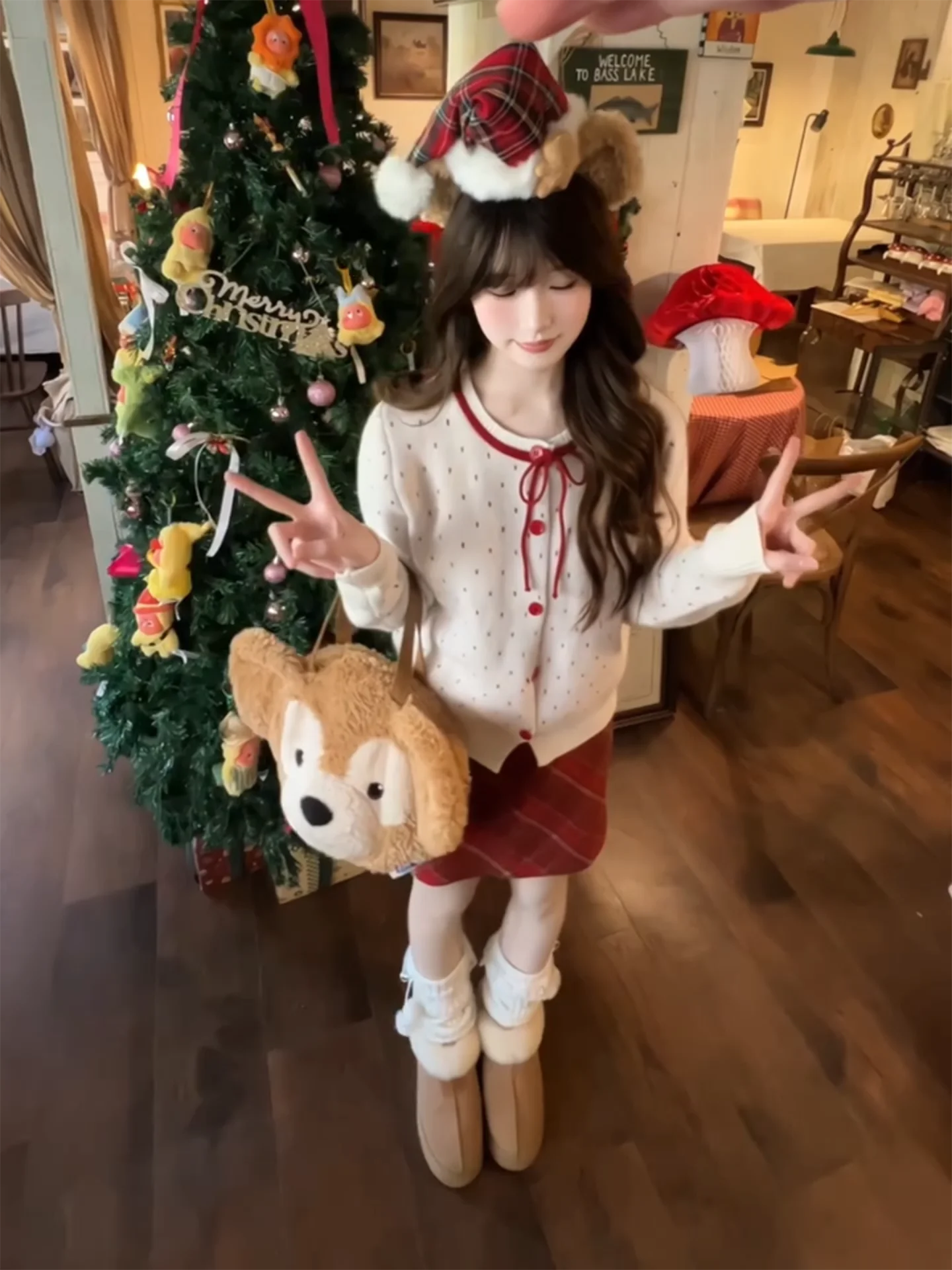 2026년 봄 퓨어 디자이어 물방울 무늬 니트 가디건과 레드 체크 스커트 세트 여성용 스위트 시스터 스타일 투피스 패션 세트