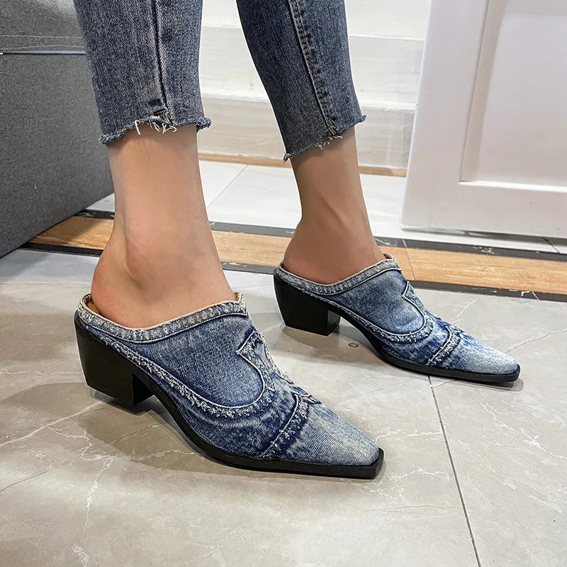 2022 New Retro Cowboy Mules Half Sandals Ladies Mule Heel Slippers British Square Toe Short Boots Mid-heel Cloth Shoes Blue