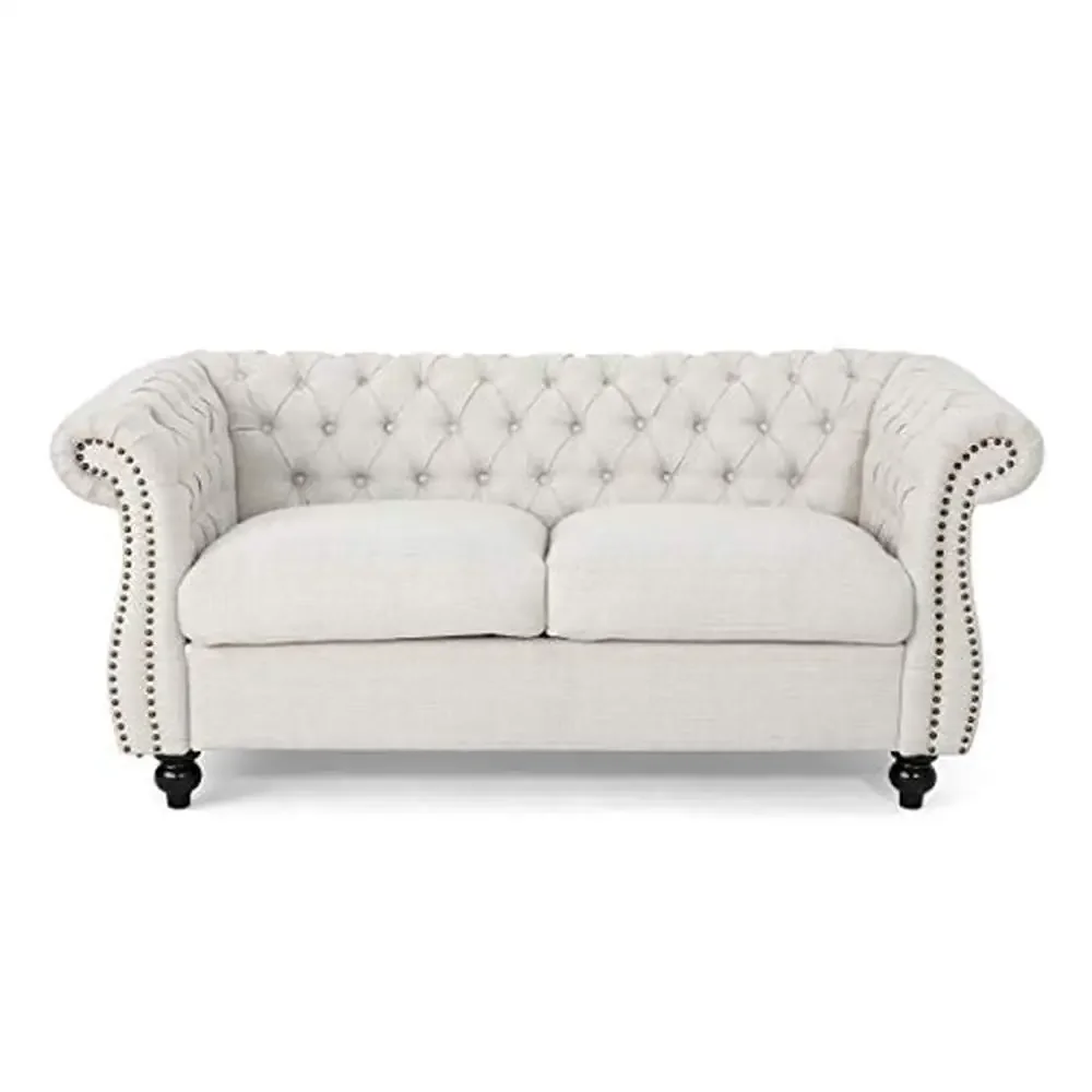 Traditional Chesterfield Loveseat Sofa with Button Tufting Nailhead Accents Scrolled Arms Individual Seat Cushions Beige/Dark