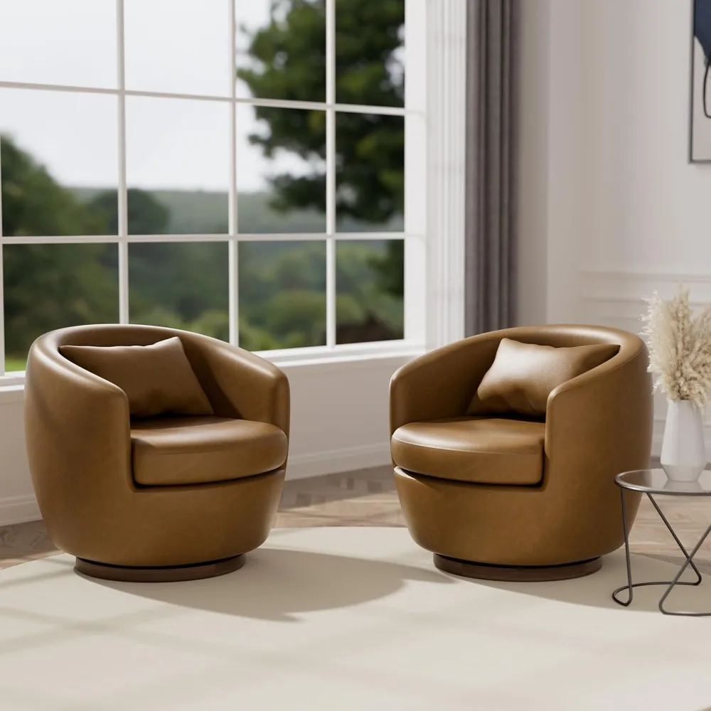 

Leather Decorative Chair Set of 2, Swivel Chair with Storage, Brown Barrel Swivel Chair, Modern Armrest Decorative Chair