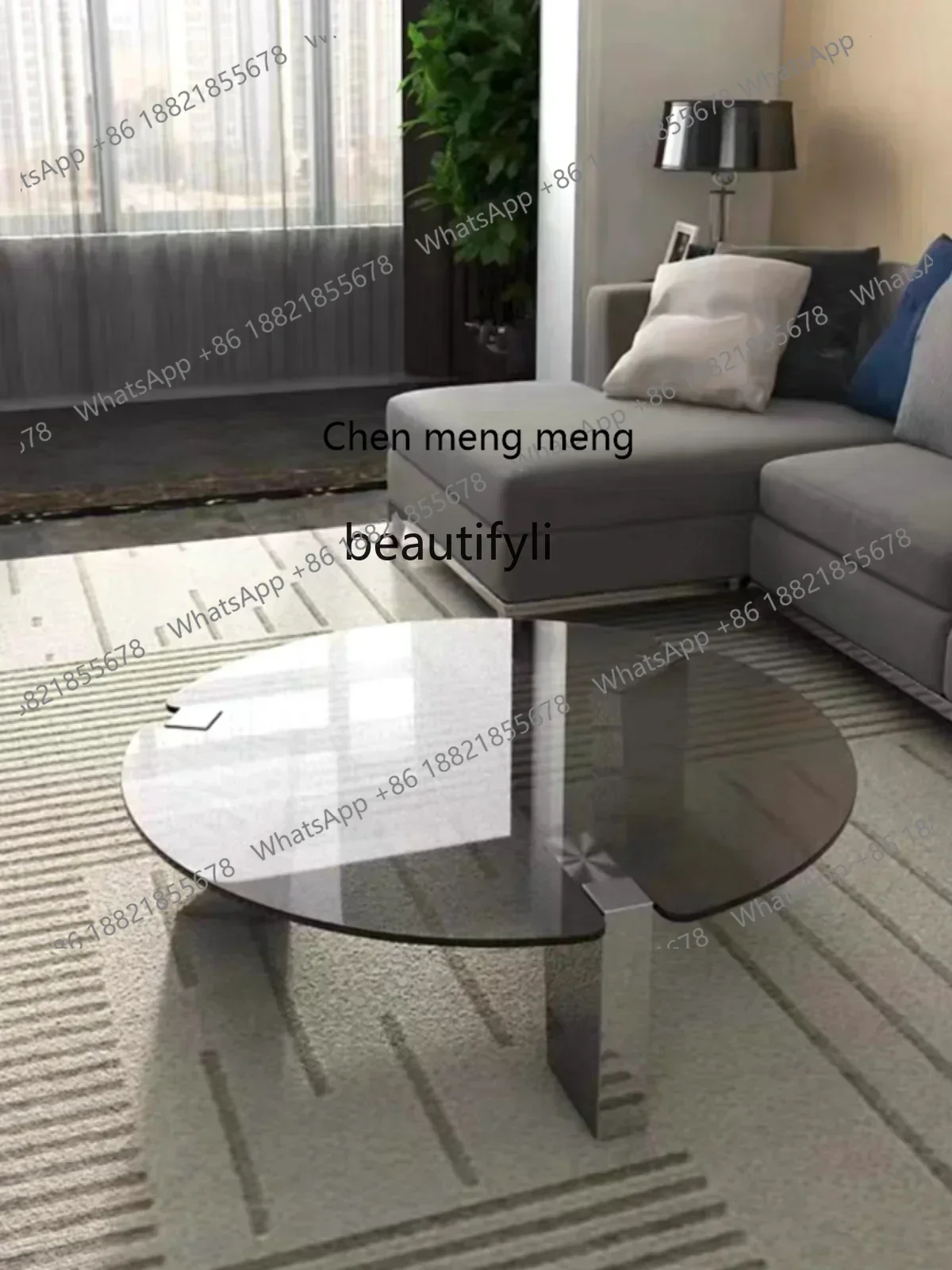 Y183FF cqyLight Luxury Coffee Table Mirror Stainless Steel Thickened Tempered Glass round Large Table Simple Living Room Shaped