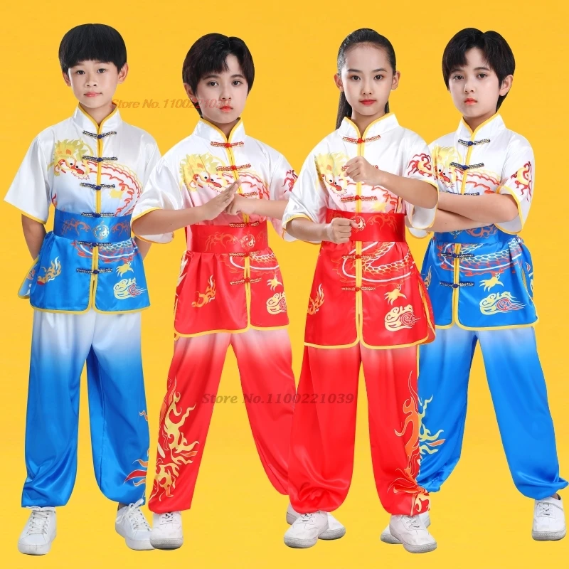 2025 chinese children wushu tai chi uniform wushu kung fu suit martial arts gradient color dragon print training exercise set