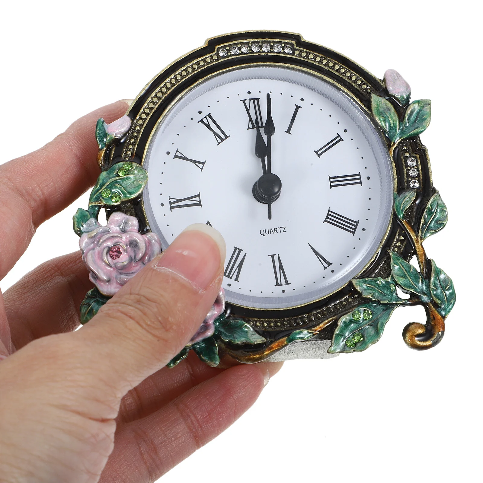 

Vintage Style Desktop Clock Compact Size Elegant Flower Pattern Silent Movement Table Clock for Classroom Living Room Decor