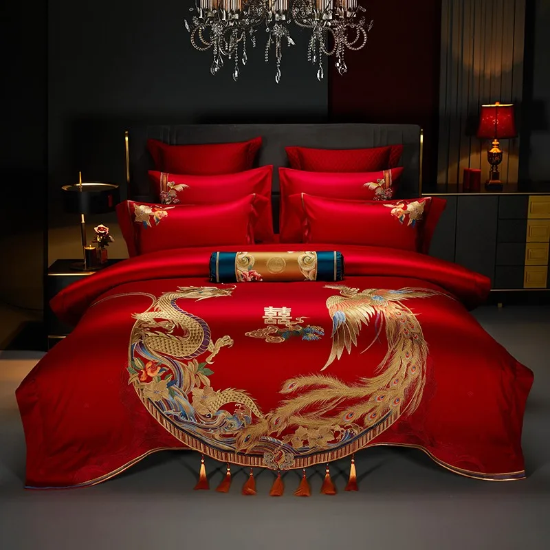 4/6/10 Pcs 1000TC Cotton Red Wedding Bedding with Dragon and Phoenix Bird Embroidery Duvet Cover Bed Sheet Bedspread Pillowcases