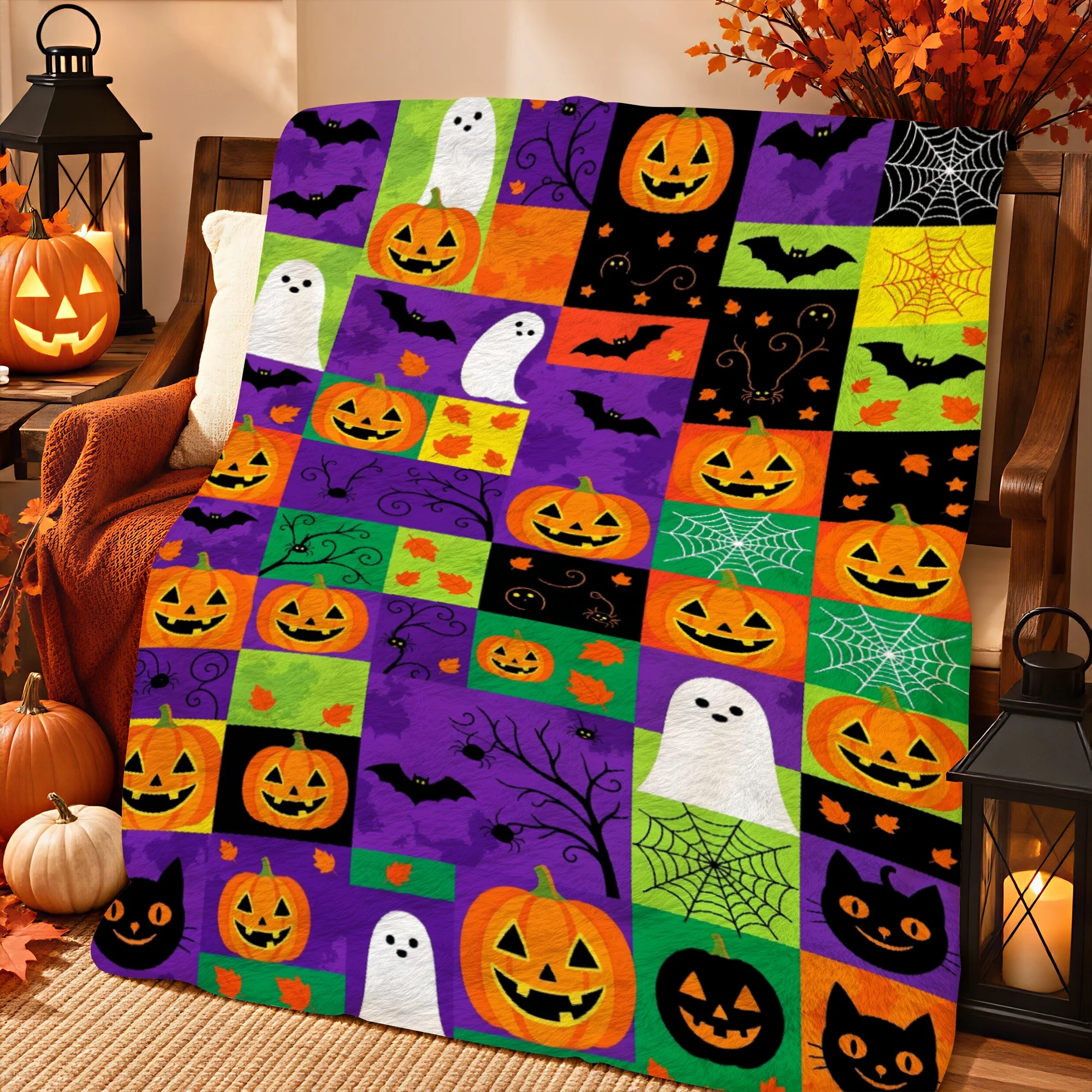 1pc 2D Printed Halloween Patchwork Pattern with Pumpkins, Ghosts, Bats, And Spiderwebs on Purple, Orange, Green, Black Squares H