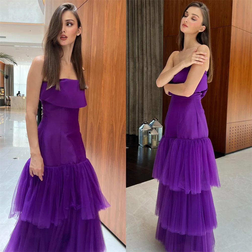 

Prom Dress Saudi Arabia Evening Dearin Strapless A-line Floor Length Open Back Skirts Layered Draped Tulle Sleeveless Bespoke Oc