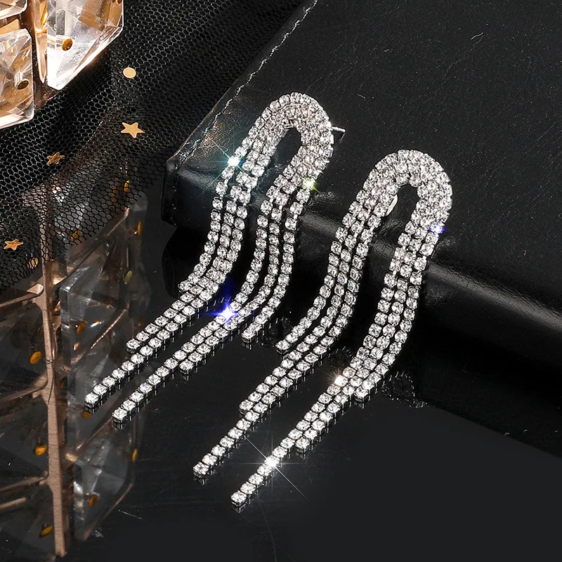 New Luxury Rhinestone Crystal Long Tassel Earrings for Women Bridal Drop Dangling Earrings Party Wedding Jewelry Gifts