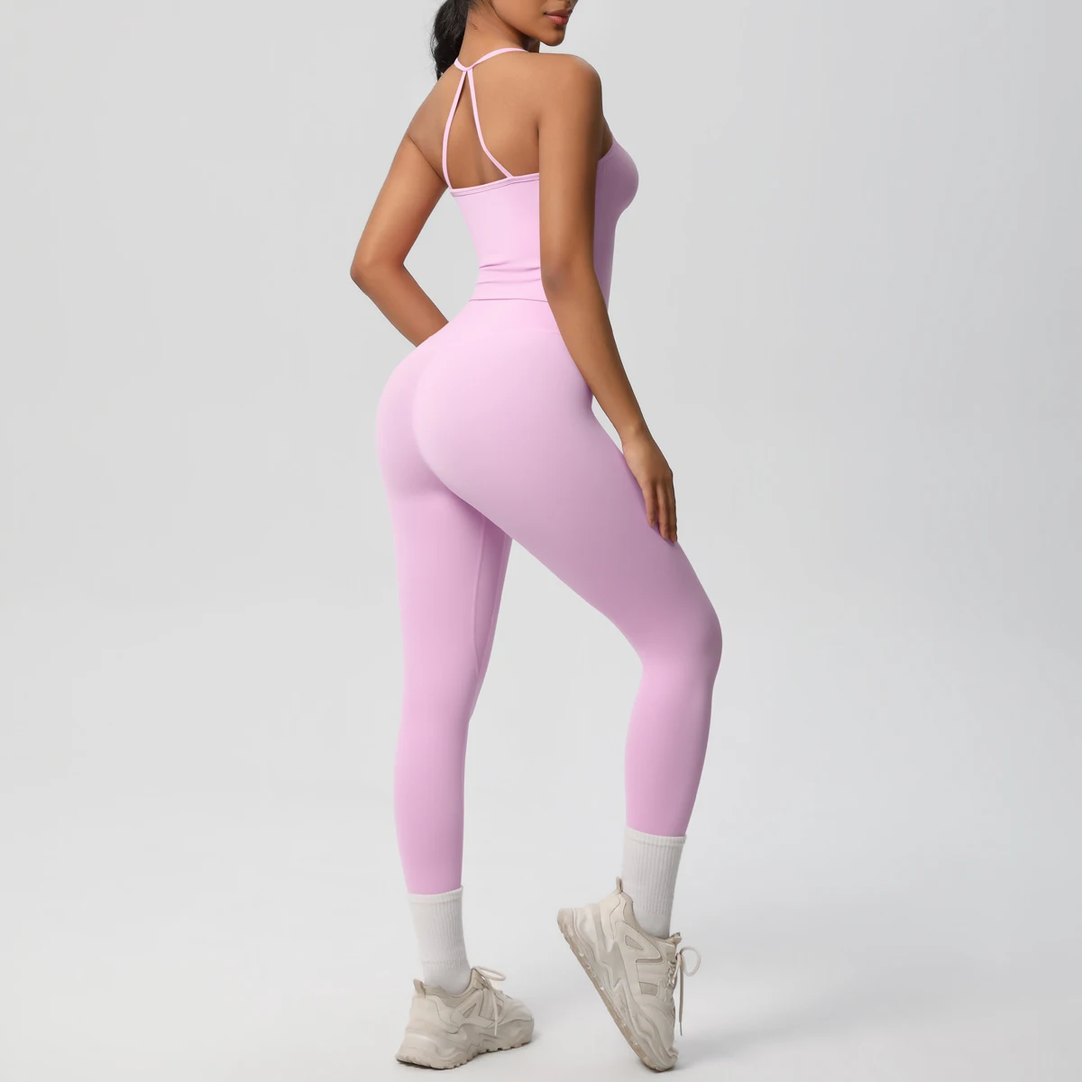 Hochelastisches, sexy, rückenfreies Yoga-Oberteil und -Hose, stoßdämpfendes Lauf-Yoga-Tanktop, einfarbige, schnell trocknende Yoga-Leggings – Detail 35