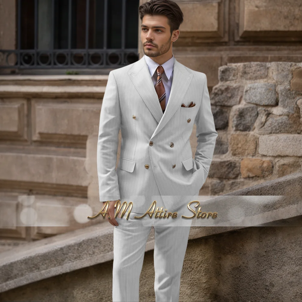 

Classic men's 2-piece suit double-breasted grey stripe slim fit for wedding banquet, cocktail party custom tuxedo for gentleman