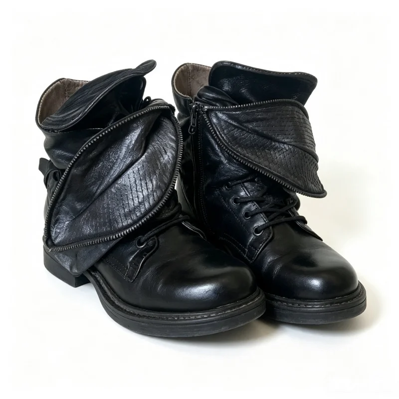 Motorcycle Boots, Genuine Leather， Short Ankle, Slouchy Boots, Side Zipper Boots, Unisex , Casual Outdoor Shoes