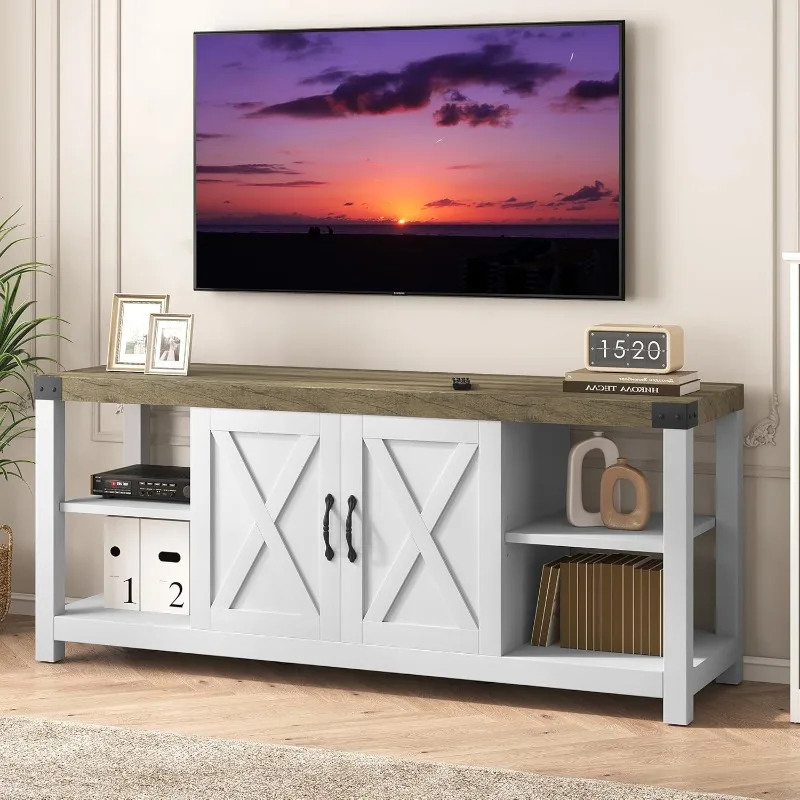 Farmhouse TV Stand for 65/60/55 Inches, Mid Century Modern Entertainment Center with Storage Cabinets and Open Shelves,