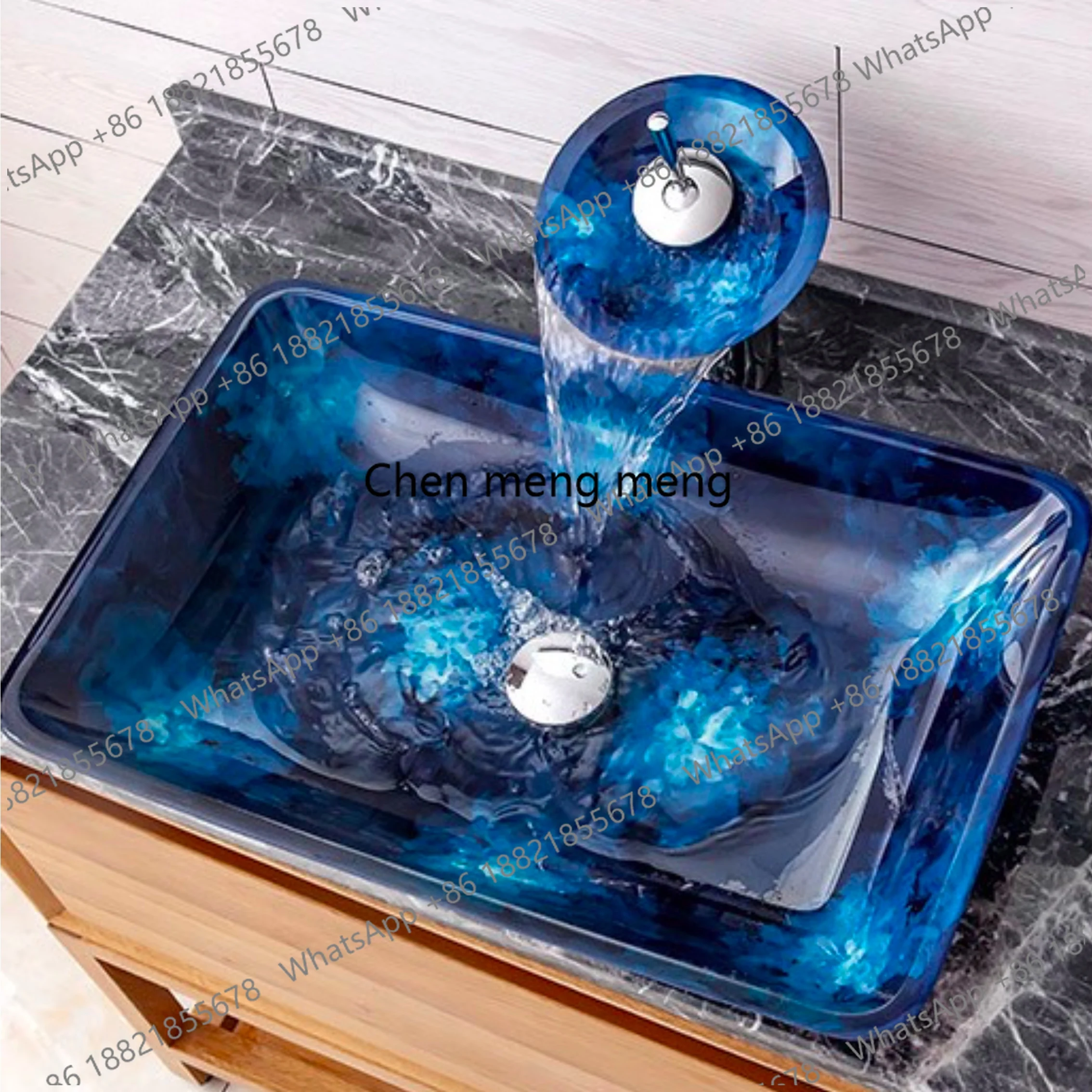 Blue Hand-Painted Craft Basin Tempered Glass Wash Basin Bathroom Above Counter Single Basin