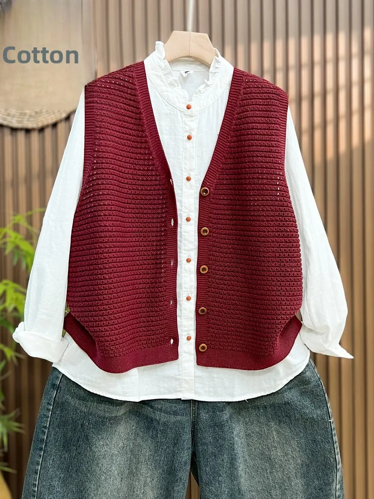 

Faionable Трикотажный жилет ort Sve Женская тонкая вязаная майка с вырезами Свободная майка больших размеров длиной до плеч Повседневная хлопковая V-Ne