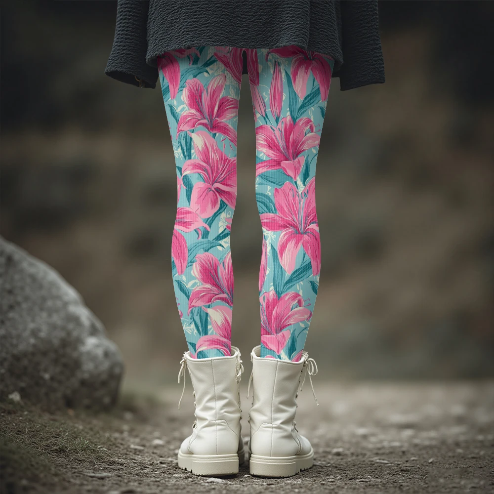 Women's Bright Pink Lily Print Leggings Vivid Floral Pattern Warm Winter Tights for Outdoor Casual Colorful Fitness Leggings