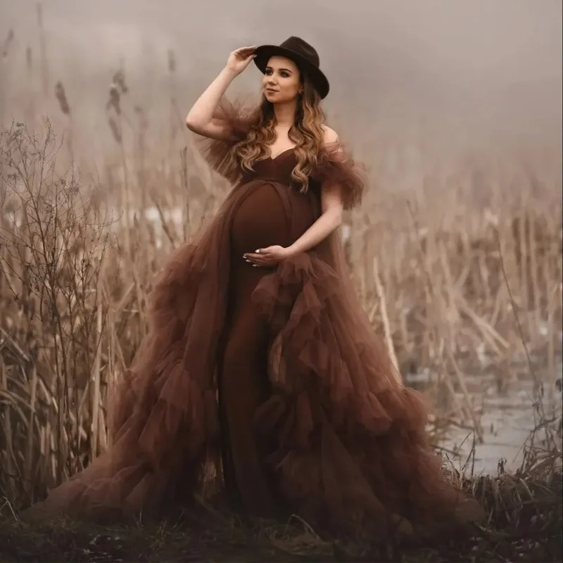 

Цветное платье для выпускного вечера для беременных на заказ - Тюль с открытыми плечами и рюшами - Платья для детского душа в стиле Vestidos