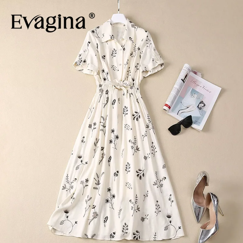 Evagina Summer Women's Dress Turn-Down Collar Short-Sleeved Single-Breasted Lace-Up Linen Embroidered Vintage Elegant Dresses