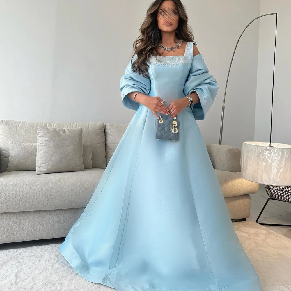 

Carolina Square Collar A-Line Sky Blue Satin Evening Dresses Women Saudi Arabia Lace Wedding Guest Elegant Formal Party Gowns