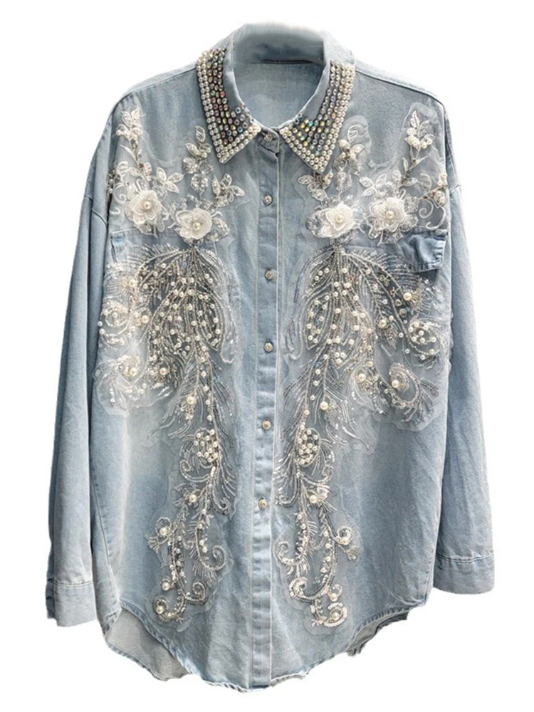 DEAT Trendy Women\'s Spliced Beading Sequins 3D Flower Denim Shirts 2024 Autumn Fashion Lapel Long Sleeve Blouse Female 29L8329