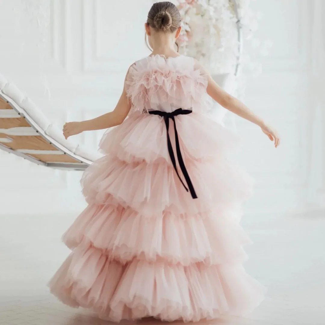 

Customized Flower Girl Dress Pink Tulle Tiered With Black Belt Sleeveless For Wedding Birthday Party Banquet Pageant Prom Gown