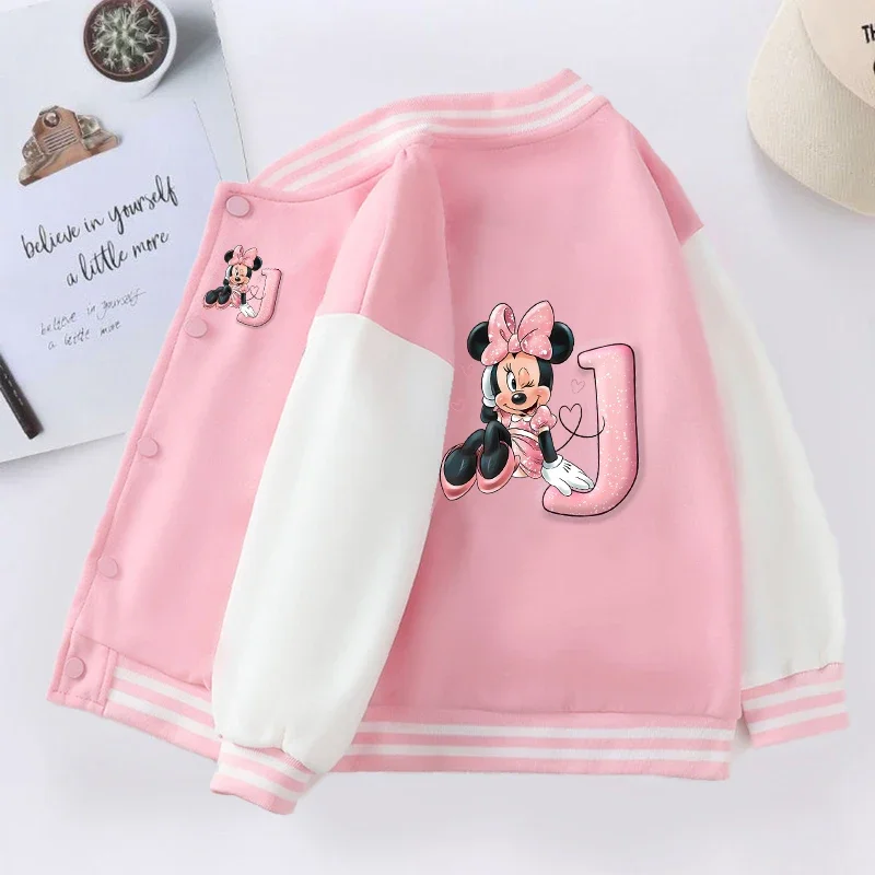 Disney Minnie Mouse Baby Girl Coats Cartoon Letter A-Z Baseball Jacket for Kid Sweatshirt Children Windbreaker Outerwear Clothes